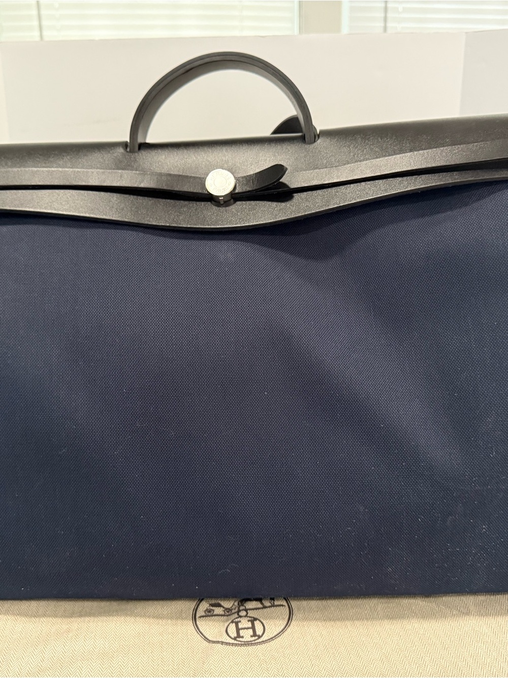 Hermes Navy Blue Nylon Top-Handle Travel Bag with Black Trim